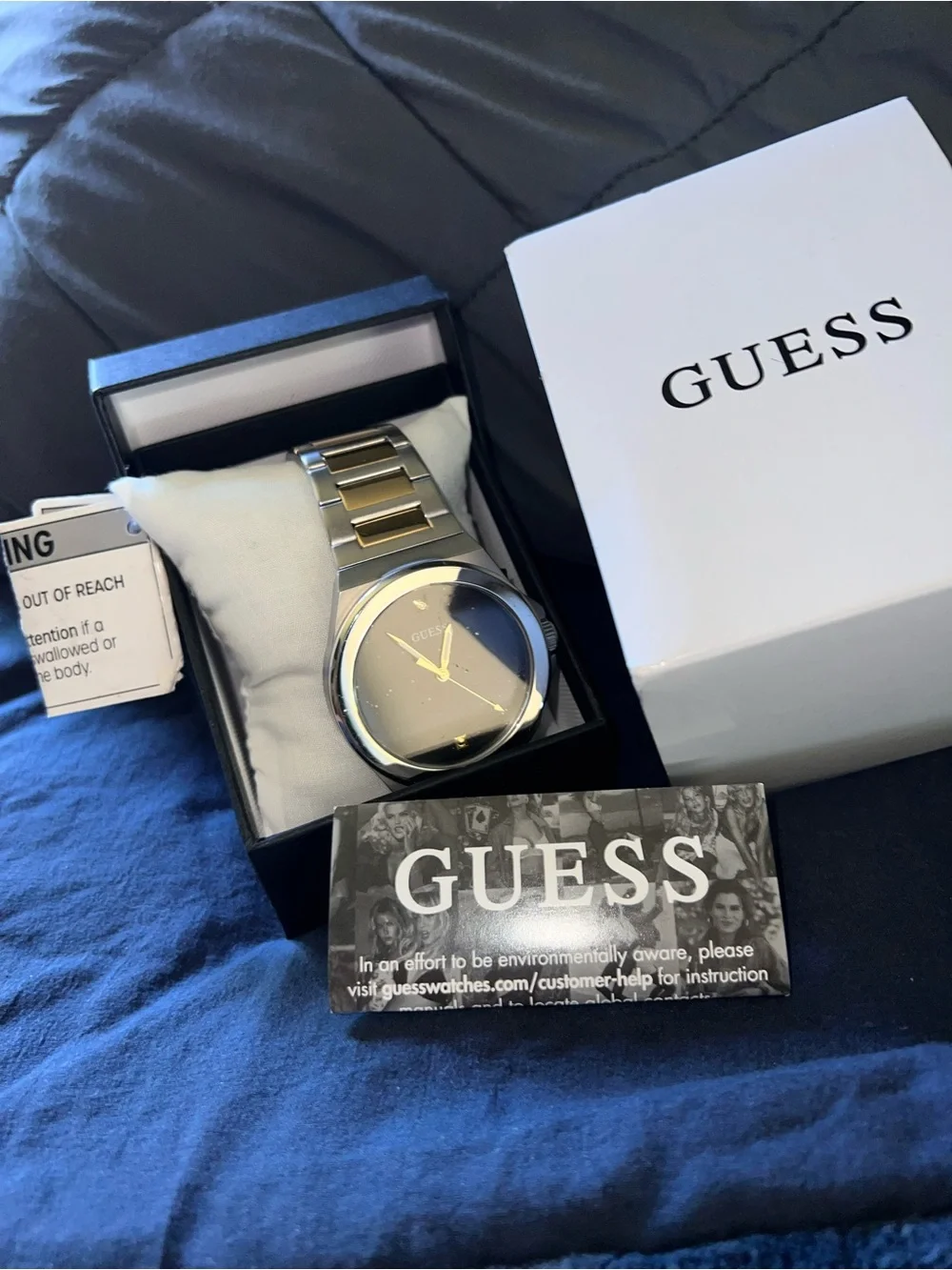 GUESS Men's Two-Tone Silver and Gold Bracelet Watch with Black Dial